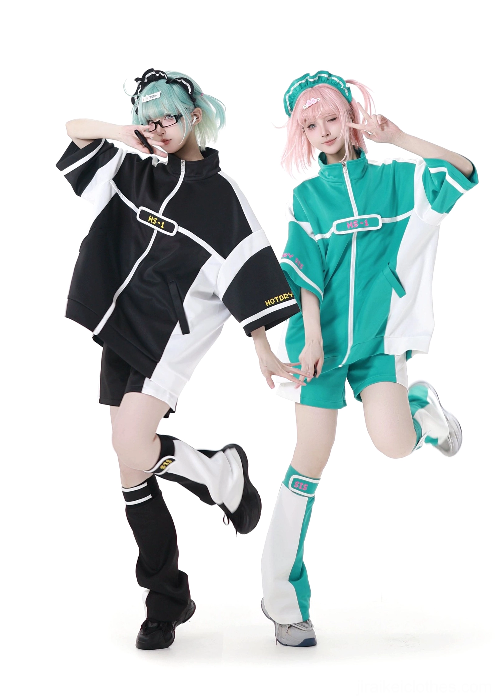 Jirai Kei sport outfit three quarter side shot dynamic pose lifted leg matching track suit
