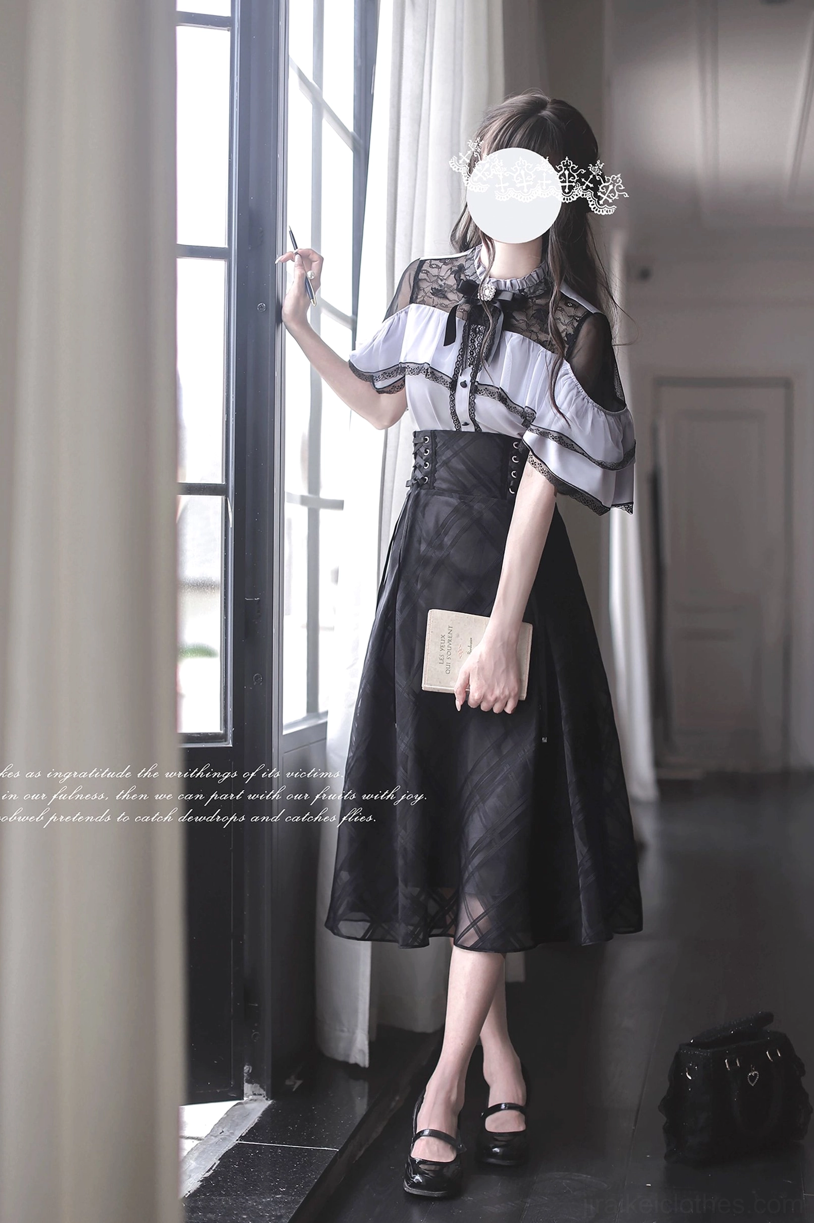Jirai Kei blouse and skirt ensemble three-quarter front pose holding notebook with black handbag on floor, dark vintage window room atmospheric lighting