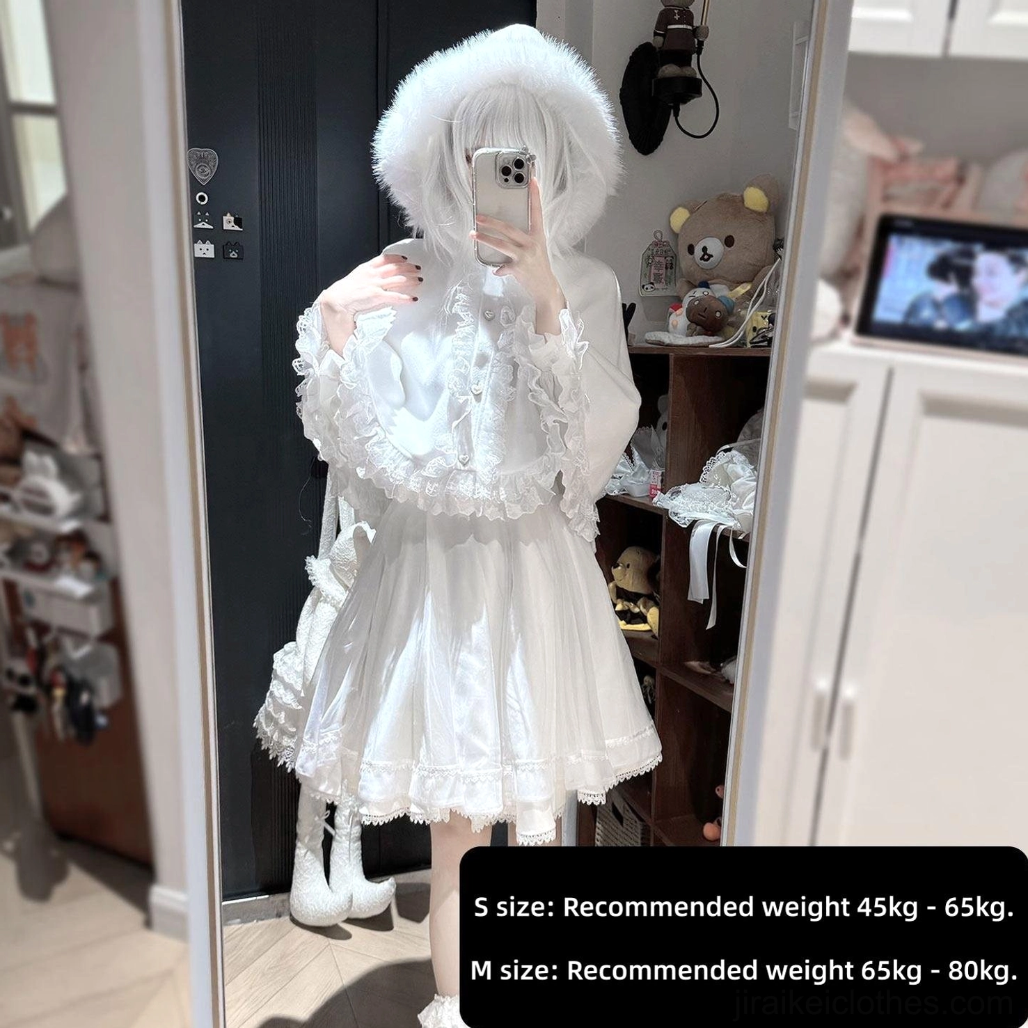 All-white Jirai Kei Tenshi angel aesthetic outfit with oversized lace collar, frilled blouse, high-waist white skirt, fuzzy hood