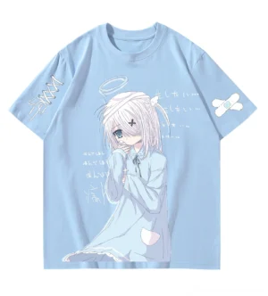 Light blue celestial anime print Jirai Kei t-shirt with Japanese text and cross-stitched lace sleeve accent flat lay display
