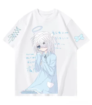 White celestial angel anime print Jirai Kei short-sleeve t-shirt with bandage patch and cross-stitch sleeve detail flat lay front view
