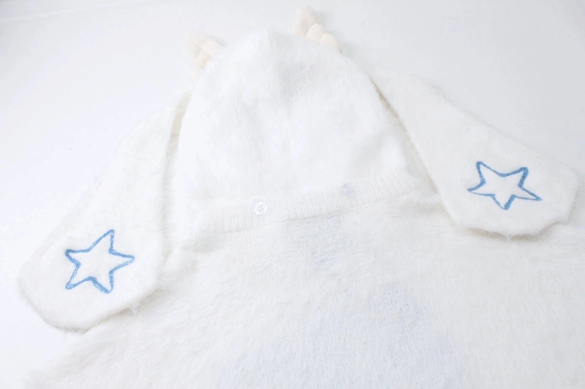 Jirai kei angel aesthetic bunny ear hooded sweater back detail showing wing patches star embroidery supernatural design elements