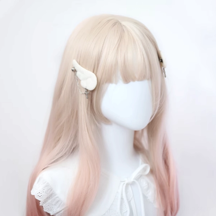 Angel wing ear clip paired with minimalist side hair clip, modeled on ombre long wig mannequin, front view showing delicate white wing design