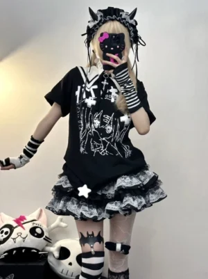 Jirai Kei gothic anime short sleeve blouse with sailor collar, mirror selfie front view featuring devil horn hair clips and chest cross straps styling