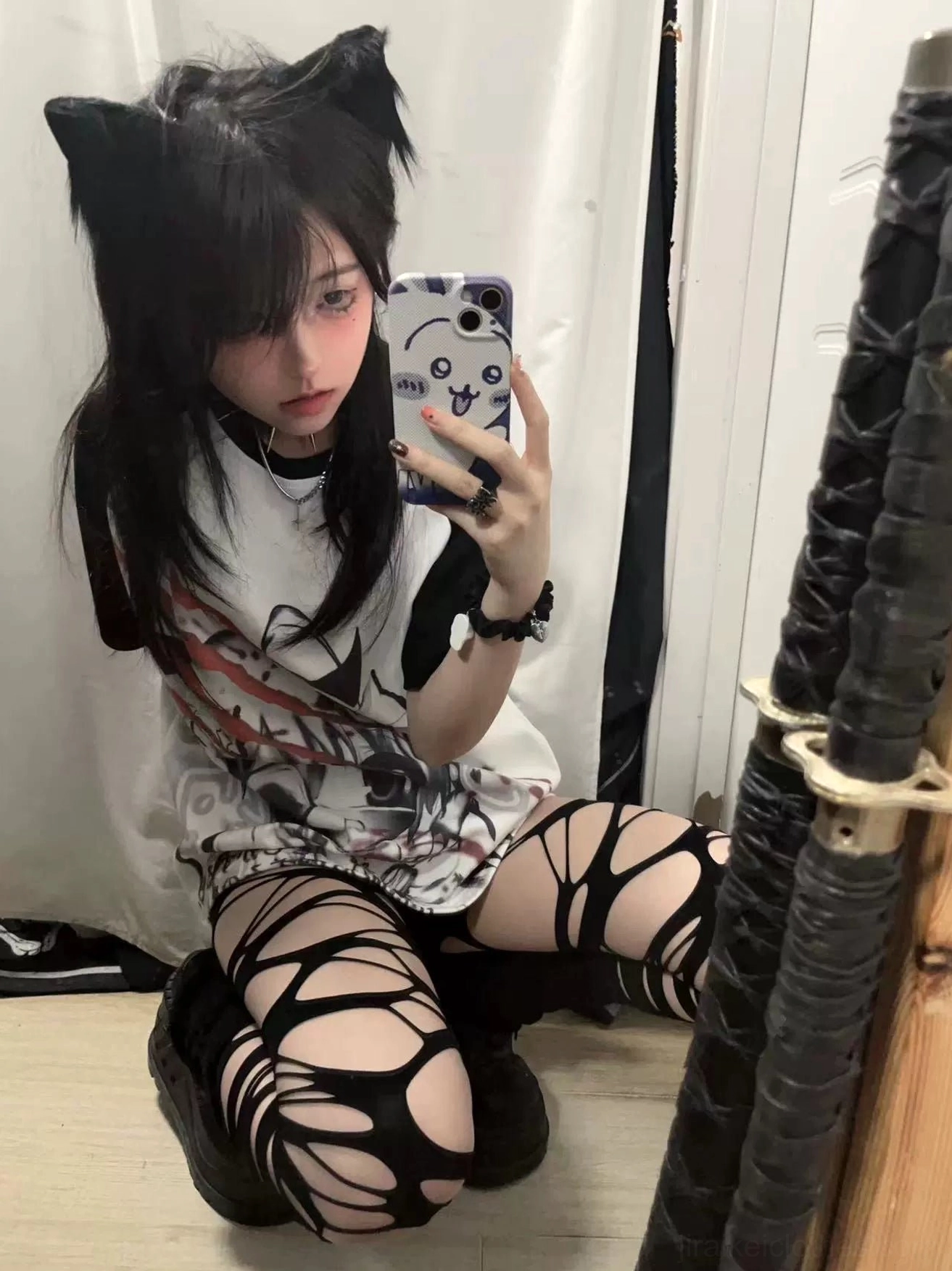 Jirai Kei anime graphic raglan T-shirt with loose fit construction and black contrast sleeves ideal for Jirai Kei styling