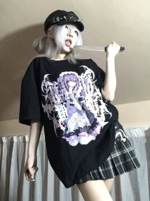Side view half-body shot of black oversized Jirai Kei anime graphic t-shirt styled with plaid mini skirt on model with silver twin buns, demonstrating Y2K gothic fashion coordination