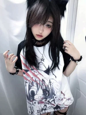 Close-up detail of Jirai Kei T-shirt anime graphic with dark anime face design and red accent strokes on raglan sleeve tee