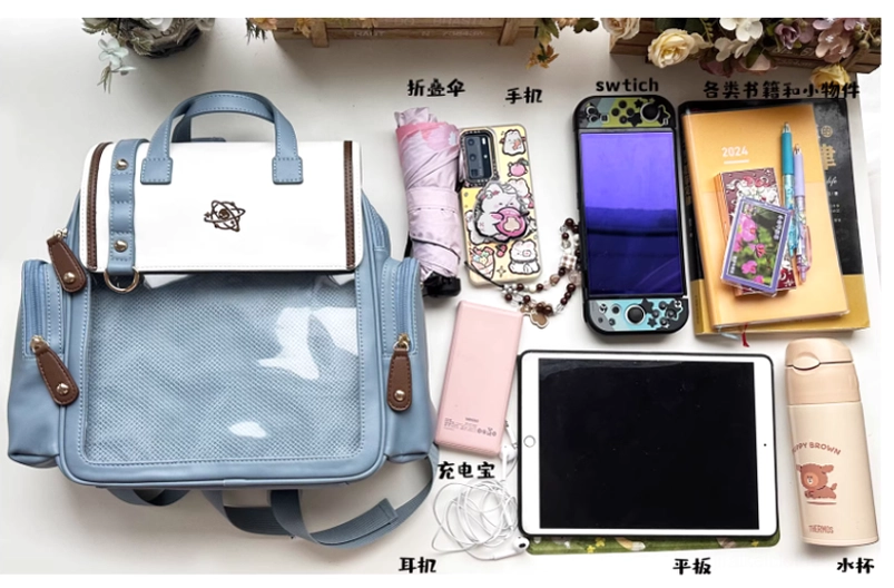 Jirai Kei anime merchandise display itabag backpack with organized badge arrangement inside clear panel window