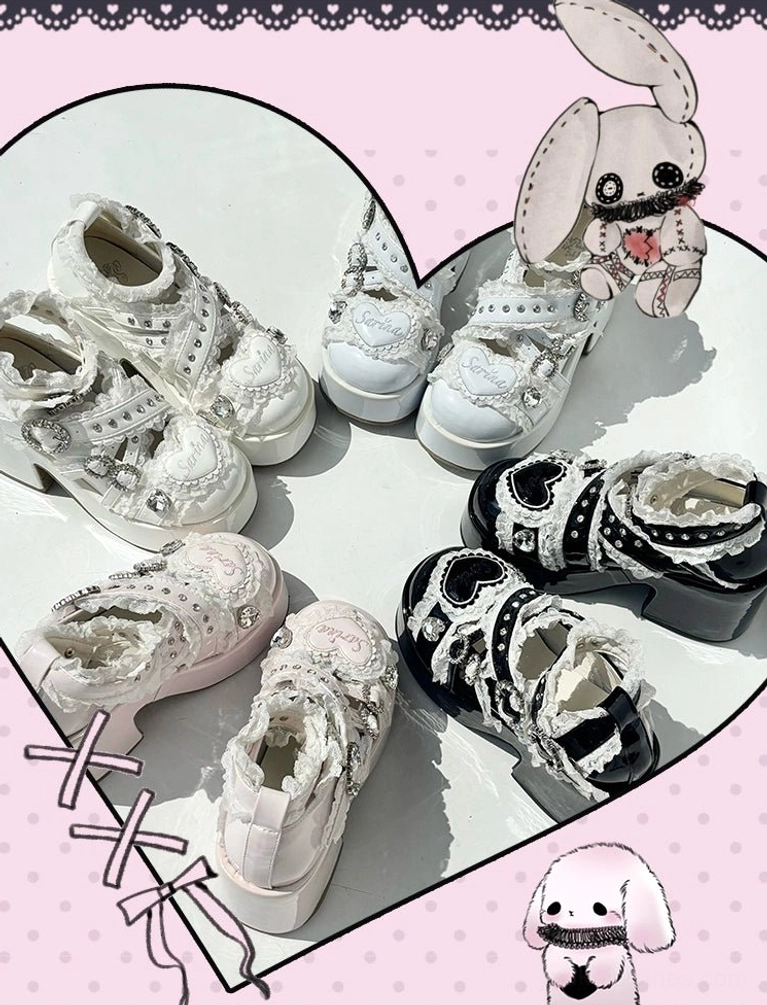 Assorted Jirai Kei platform shoes in white beige and black colorways heart-shaped flat lay display