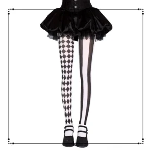 Black and white asymmetric argyle and stripe Jirai Kei pantyhose worn with black tutu skirt and Mary Jane platform shoes, front full lower-body view