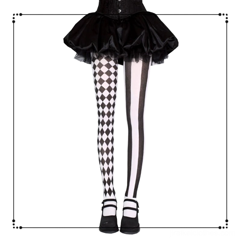Black and white asymmetric argyle and stripe Jirai Kei pantyhose worn with black tutu skirt and Mary Jane platform shoes, front full lower-body view