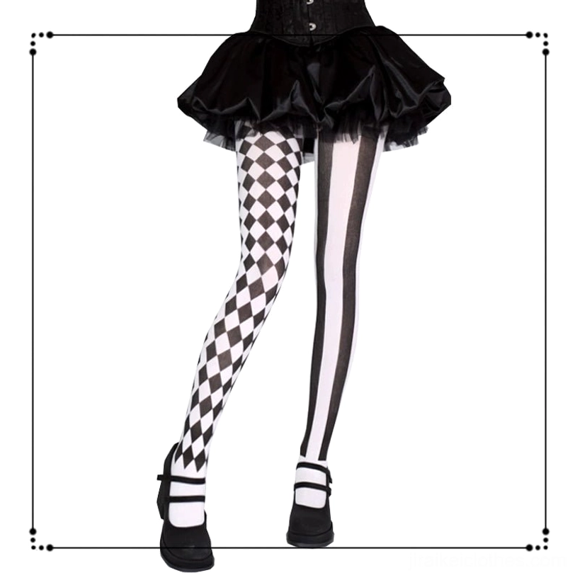 Asymmetric black and white argyle stripe pantyhose on model in black tutu skirt and Mary Jane platforms, three-quarter front angle showing mismatched pattern design