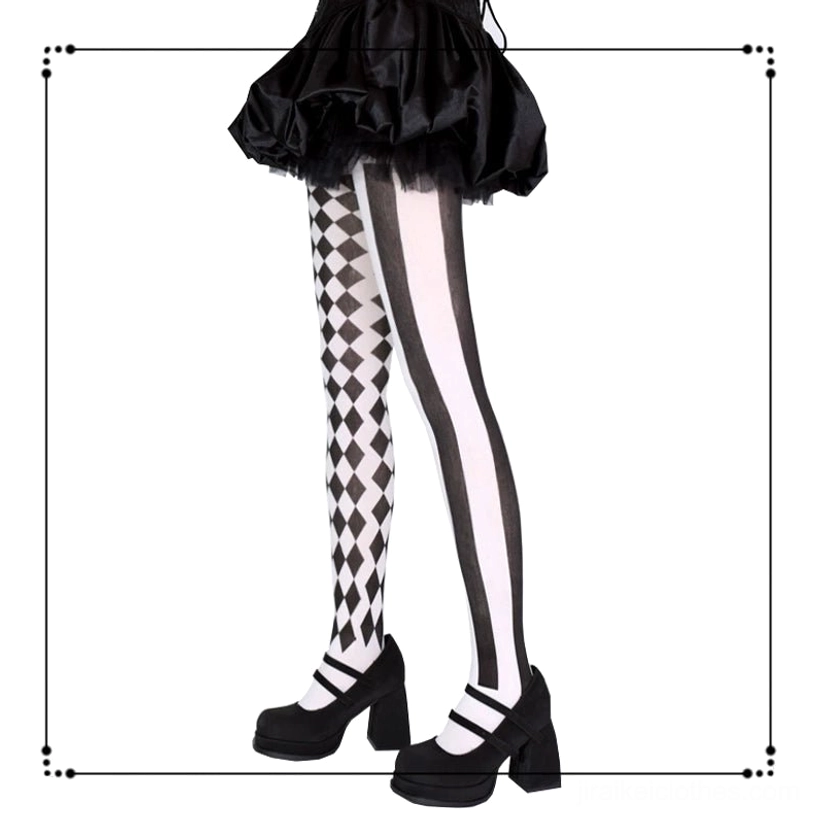 Jirai Kei asymmetric argyle and stripe pantyhose product detail shot showing pattern definition and color options available