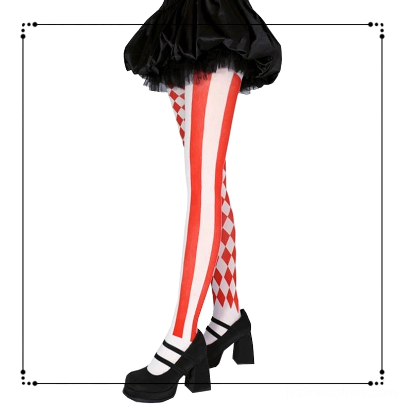 Red and white asymmetric pantyhose with red vertical stripe and argyle pattern, front lower-body view with black tutu skirt and block-heel shoes