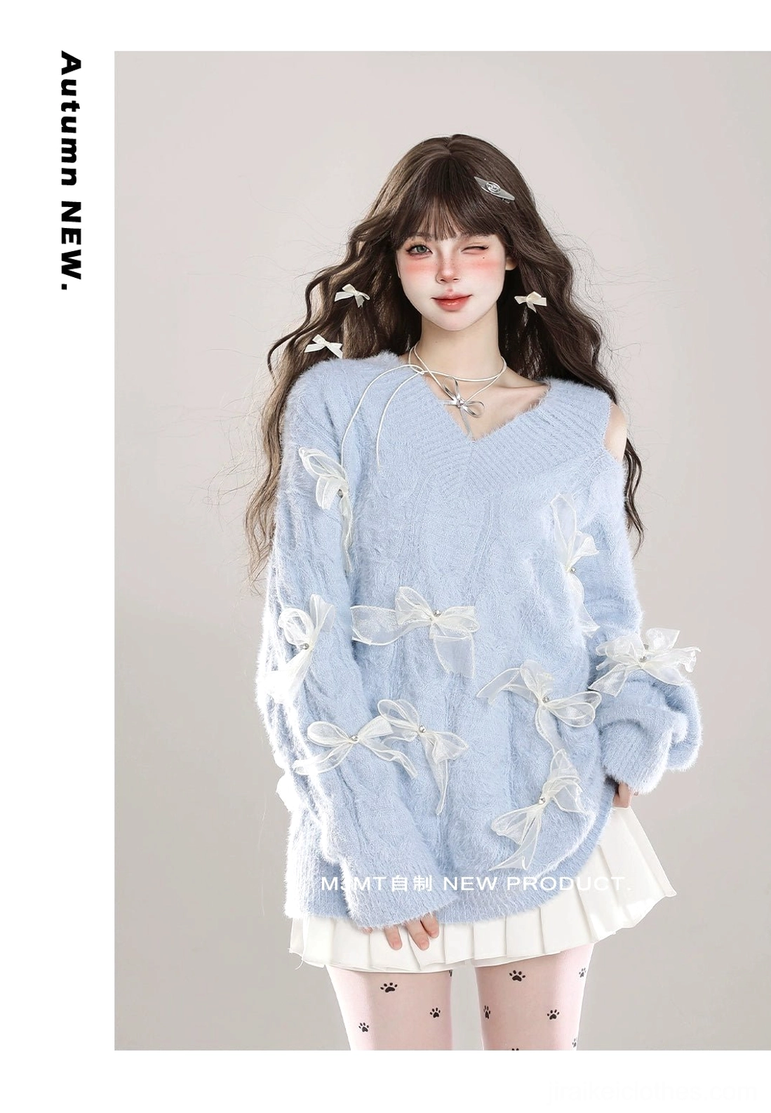 Three-quarter angle of pastel blue Jirai Kei cold-shoulder fuzzy sweater with white sheer ribbon bows, V-neck design, autumn collection piece, paired with pleated skirt and patterned tights