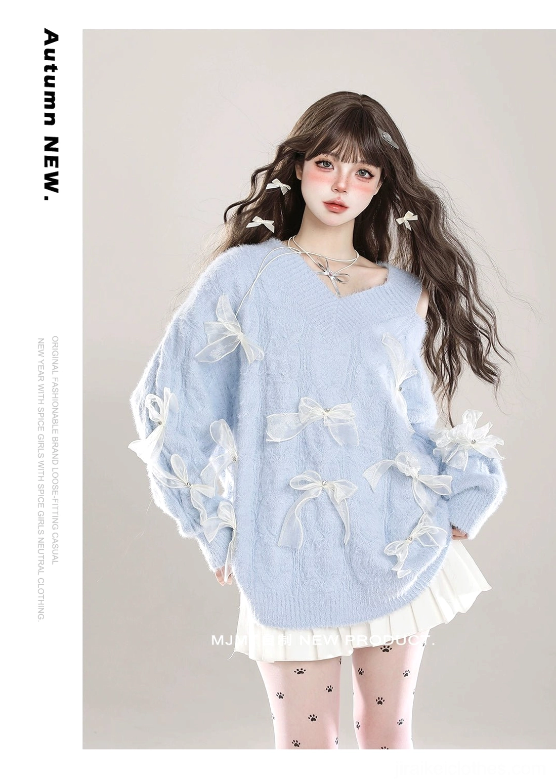 Baby blue Jirai Kei fuzzy bow sweater with white ribbon bows, cold-shoulder asymmetrical V-neck cut, autumn new collection, styled with pleated skirt and printed tights, front-facing full-body
