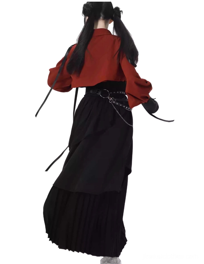 Back view of Jirai Kei ensemble highlighting back panel of cropped burgundy blouse, waist chain details, and black pleated skirt architecture with gothic styling