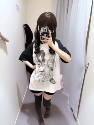 Black-white monochromatic Jirai Kei graphic t-shirt with bandaged girl ECG design, back view mirror selfie, dark anime illustration, corridor indoor scene
