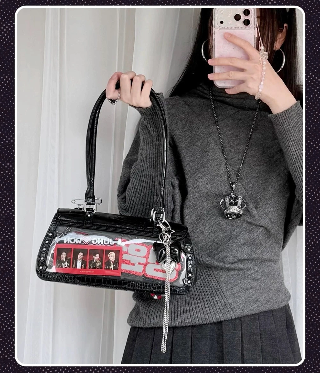 Jirai Kei bat croc handbag with decorative chains bow accents and metal charm embellishments premium styling details close-up