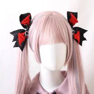 black and red bat wing bow hair clip jirai kei style rhinestone embellished satin fabric