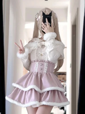 Beige Jirai Kei open-shoulder sweater with white plush trim and pearl heart details, front mirror view displaying sweet and romantic design elements