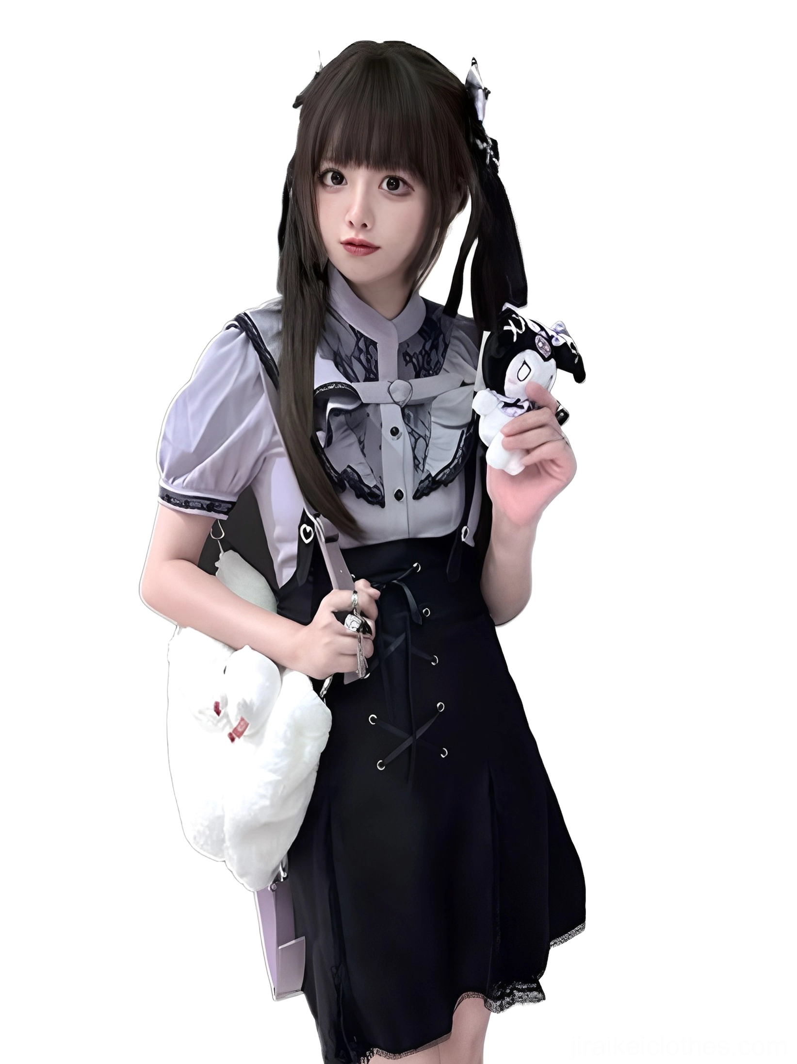 Jirai kei bi-color blouse and suspender skirt set detailed product photography lace textures and stitching