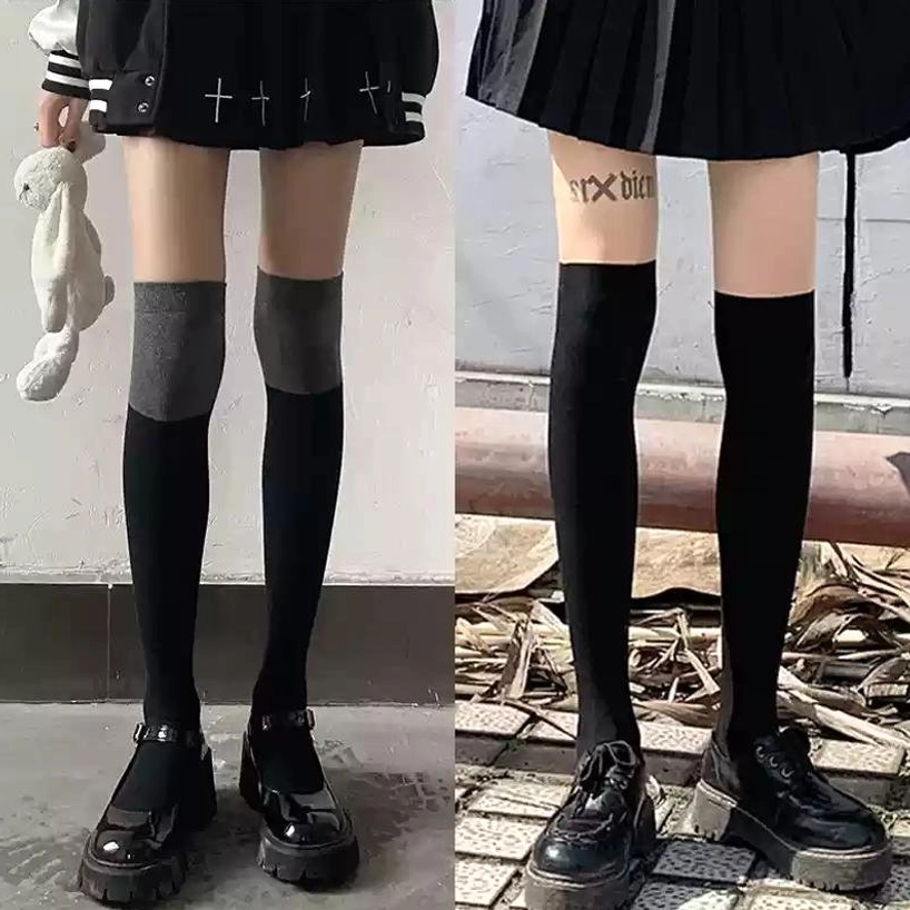 Black and black-grey regular thigh-high socks matched set Jirai Kei aesthetic premium cotton blend