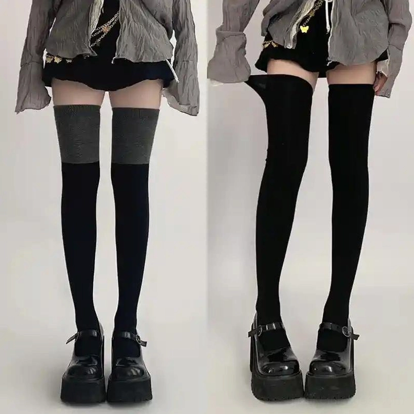 Black and black-grey regular thigh-high socks mixed set Jirai Kei smooth seamless fabric