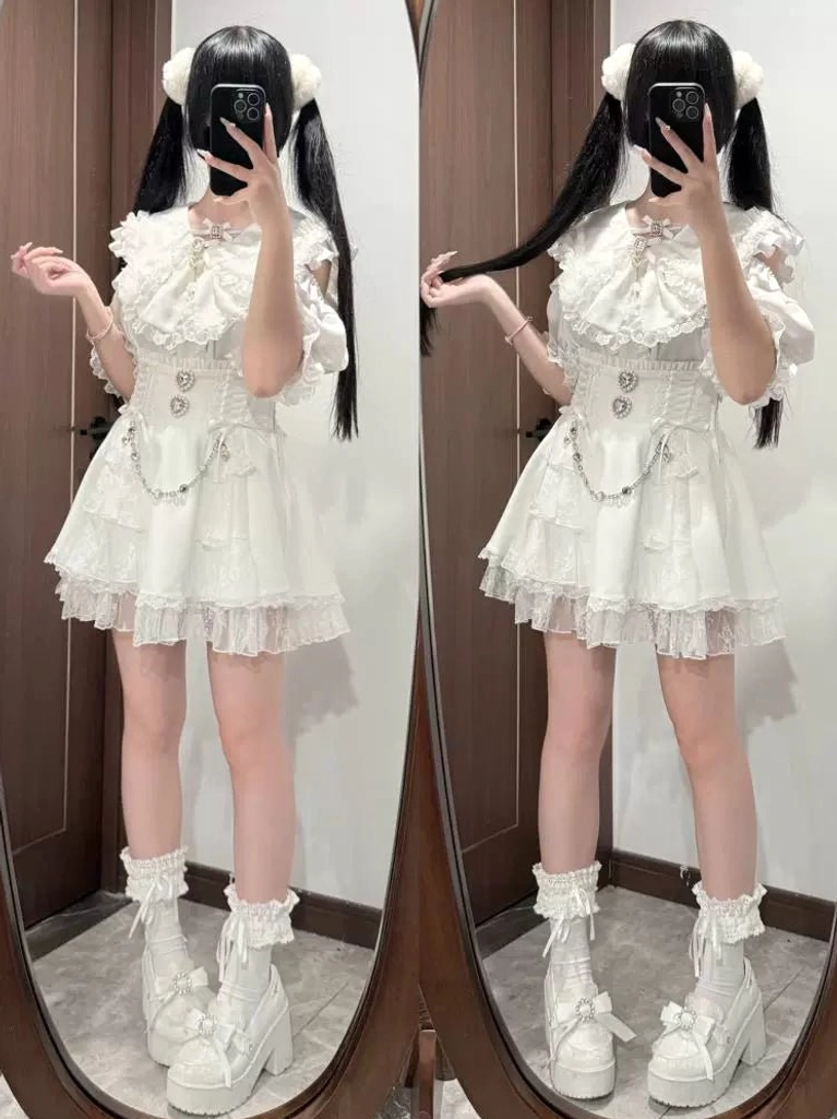Black Jirai Kei blouse bunny ear collar pearl and rhinestone embellishment details