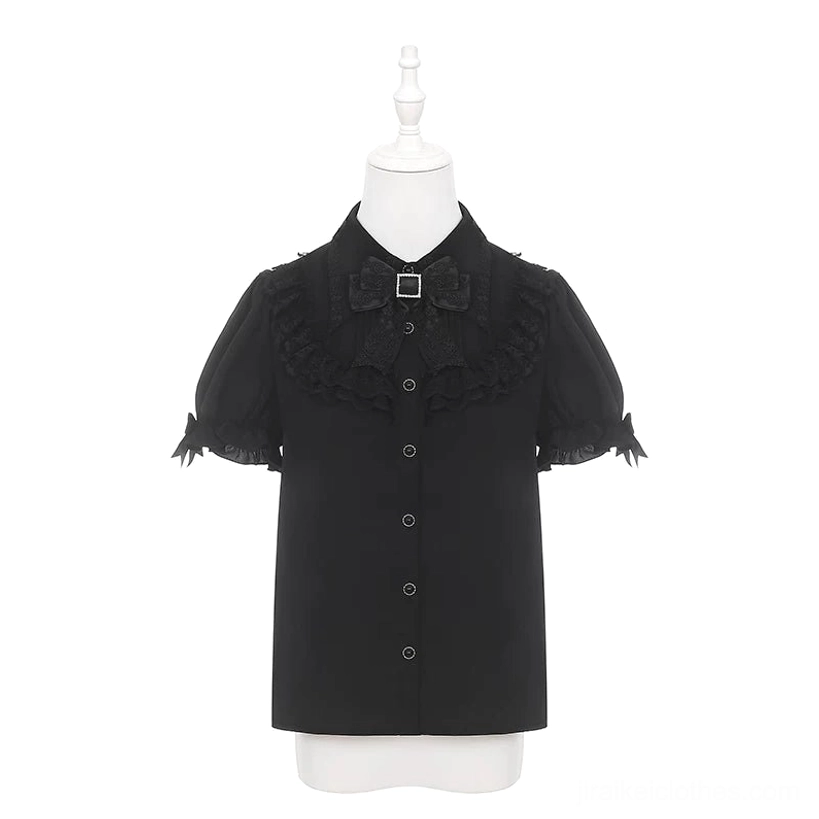 Jirai Kei black short-sleeve blouse with detachable collar bow button closure elastic cuffs bow embellishments standalone product view