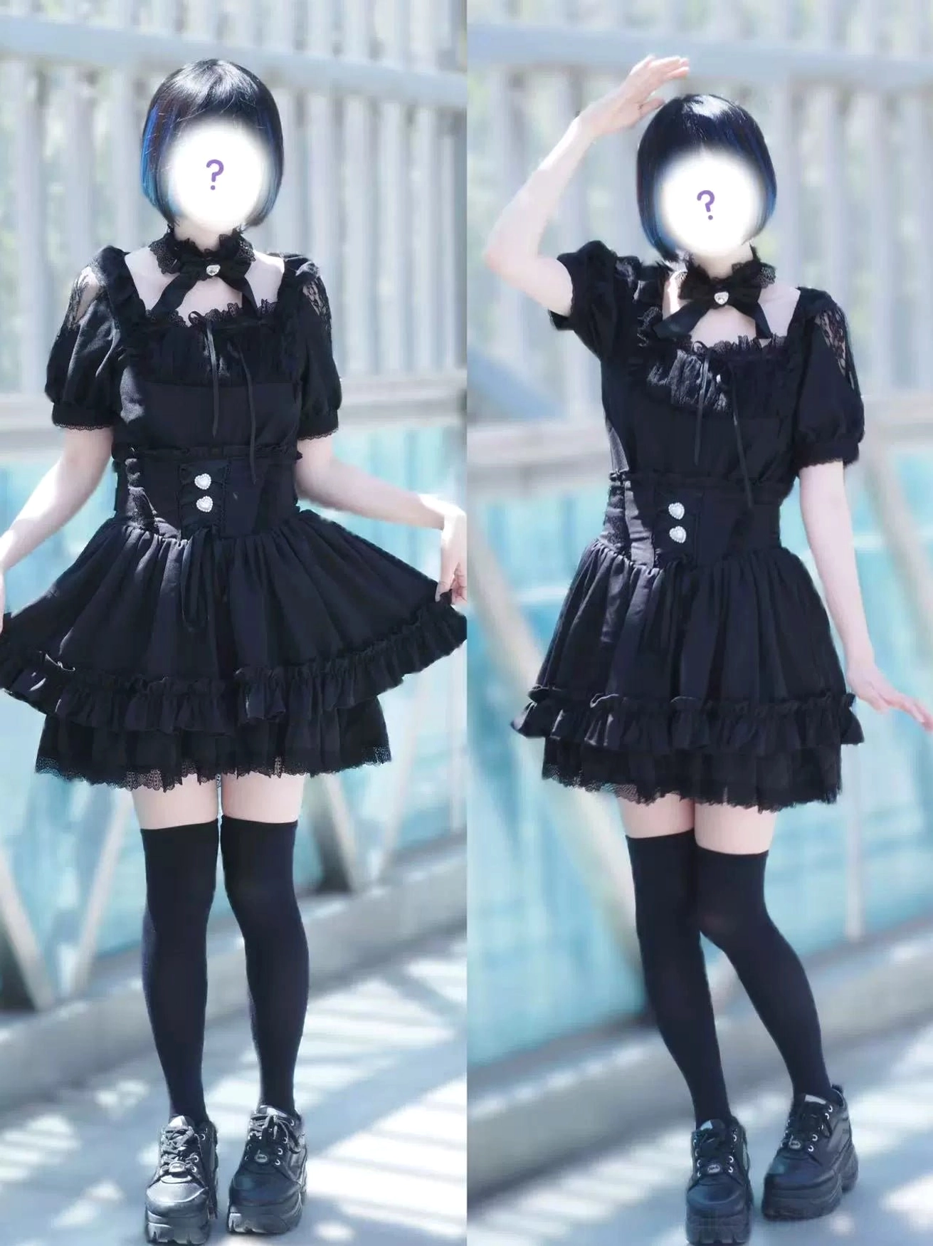 black-jirai-kei-blouse-high-waisted-skirt-set-outdoor-model-decorative-buttons-layered-ruffles