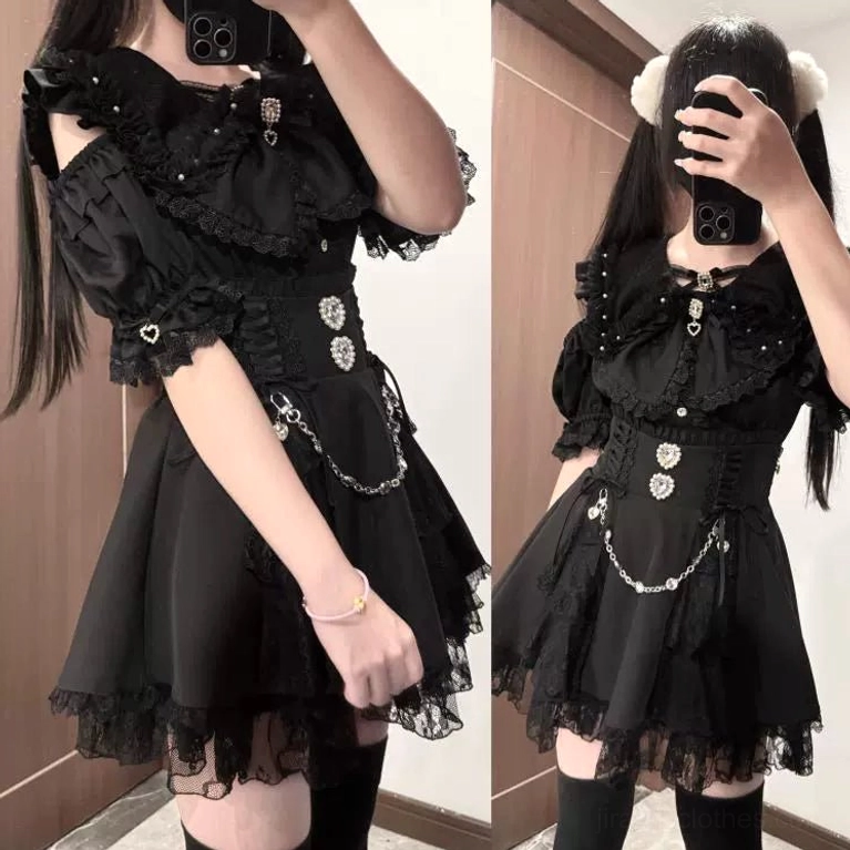 Jirai Kei blouse styling guide featuring black version with accessories and attitude