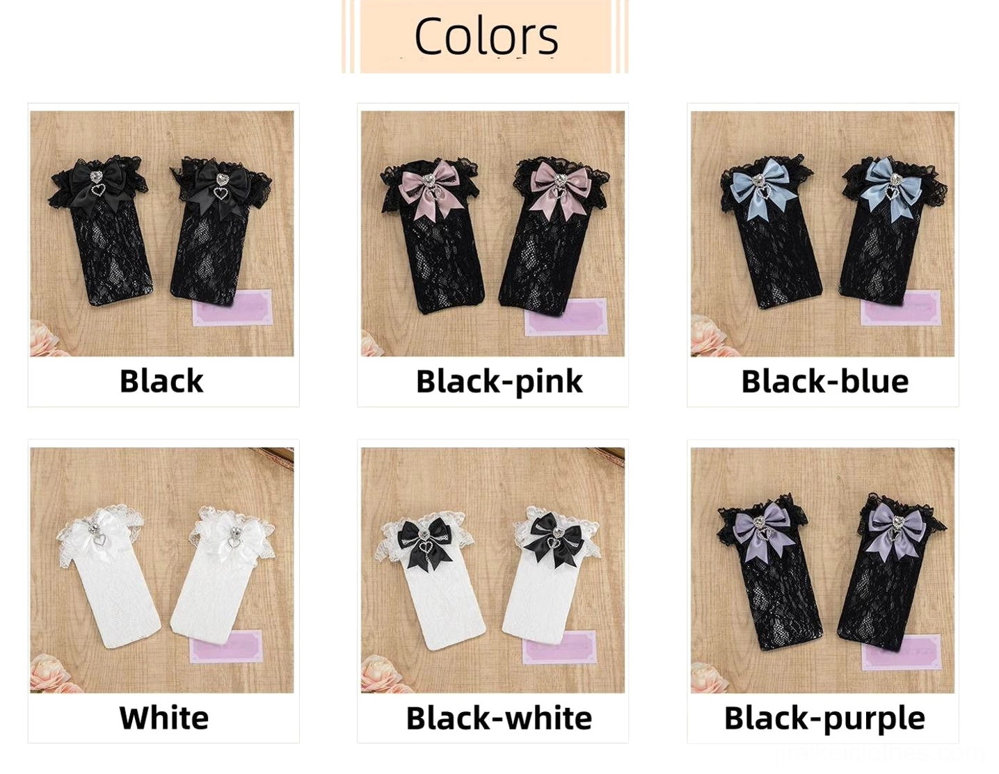 Black-blue lace knee-high Jirai Kei socks with blue bow embellishment, heart rhinestone detail, extended length full view