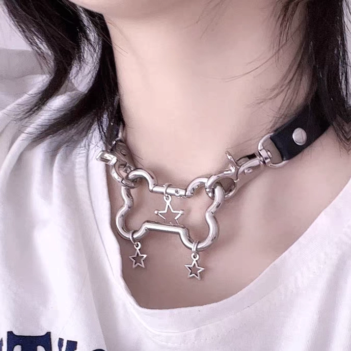 Black Jirai Kei bone and star choker necklace with silver metal hardware and PU leather strap lifestyle view
