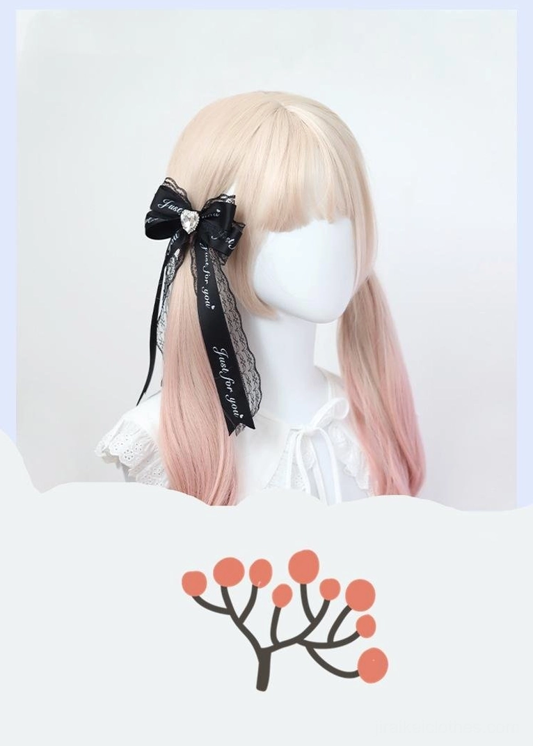 Black satin bow Jirai Kei hair clip with extended printed lace ribbon and heart crystal ornament, modeled on ombre twin-tail wig mannequin, left side view