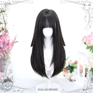 Black brown Jirai Kei straight wig with neat bangs medium length 60cm synthetic fiber front view studio