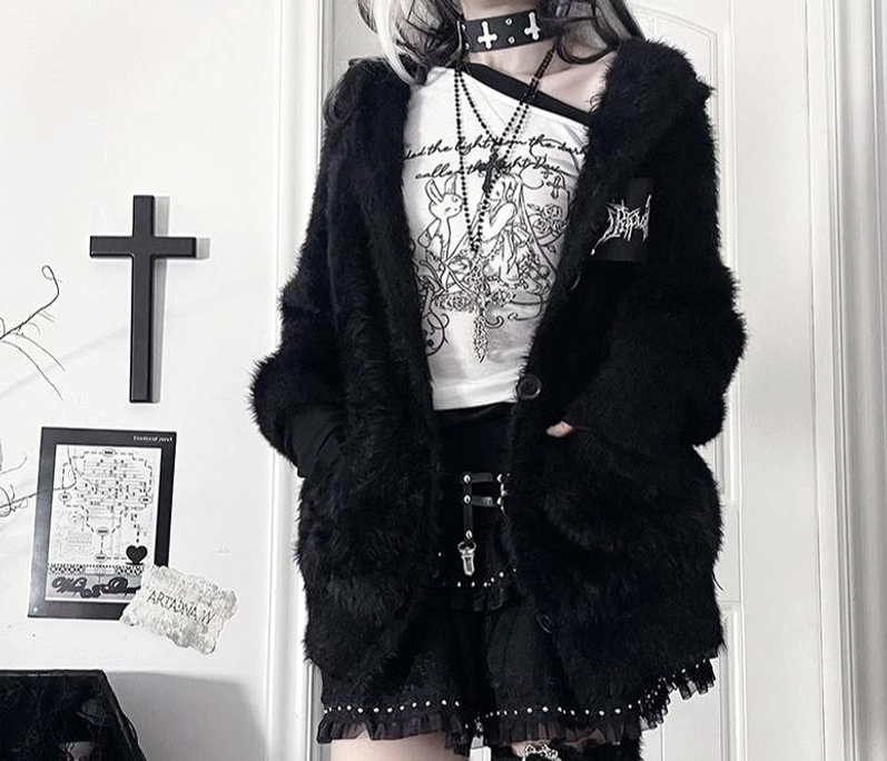 black faux mink jirai kei bunny ear coat full-body front pocket studded skirt gothic punk