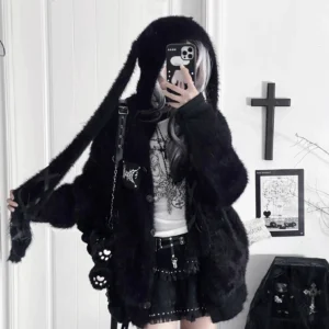 black fuzzy bunny ear hooded coat jirai kei fashion outfit punk gothic selfie view