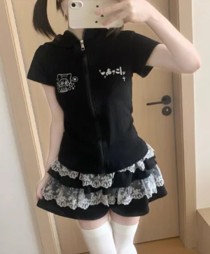 Black Jirai Kei lace tiered cake skirt with zip-up bunny hoodie worn by model in first-person perspective with white thigh-high socks and twin-tails hairstyle