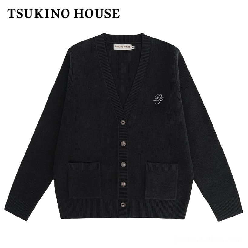 Jirai Kei black cardigan detail shot showing V-neckline construction and button closure