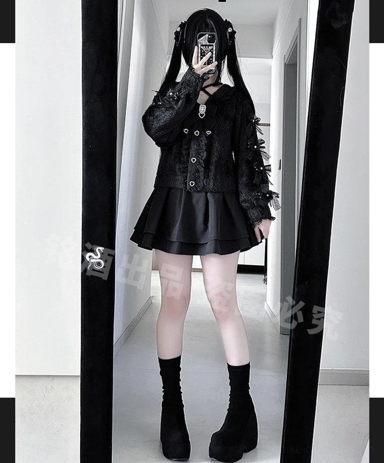 Full-body mirror selfie Jirai Kei black cardigan with feather sleeve trim lace details solid black skirt platform boots