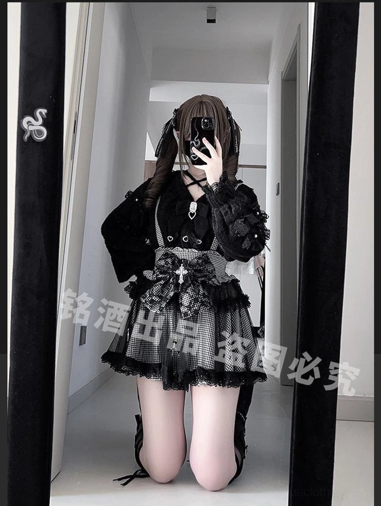 Kneeling mirror selfie Jirai Kei black cardigan plaid tulle skirt with cross bow decoration twin ponytails gothic lolita