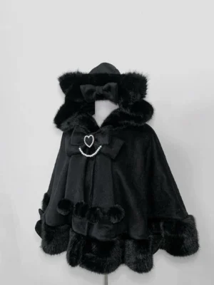 Black Jirai Kei cat ear hooded plush cape with black fuzzy fur trim and heart crystal bow decoration front display
