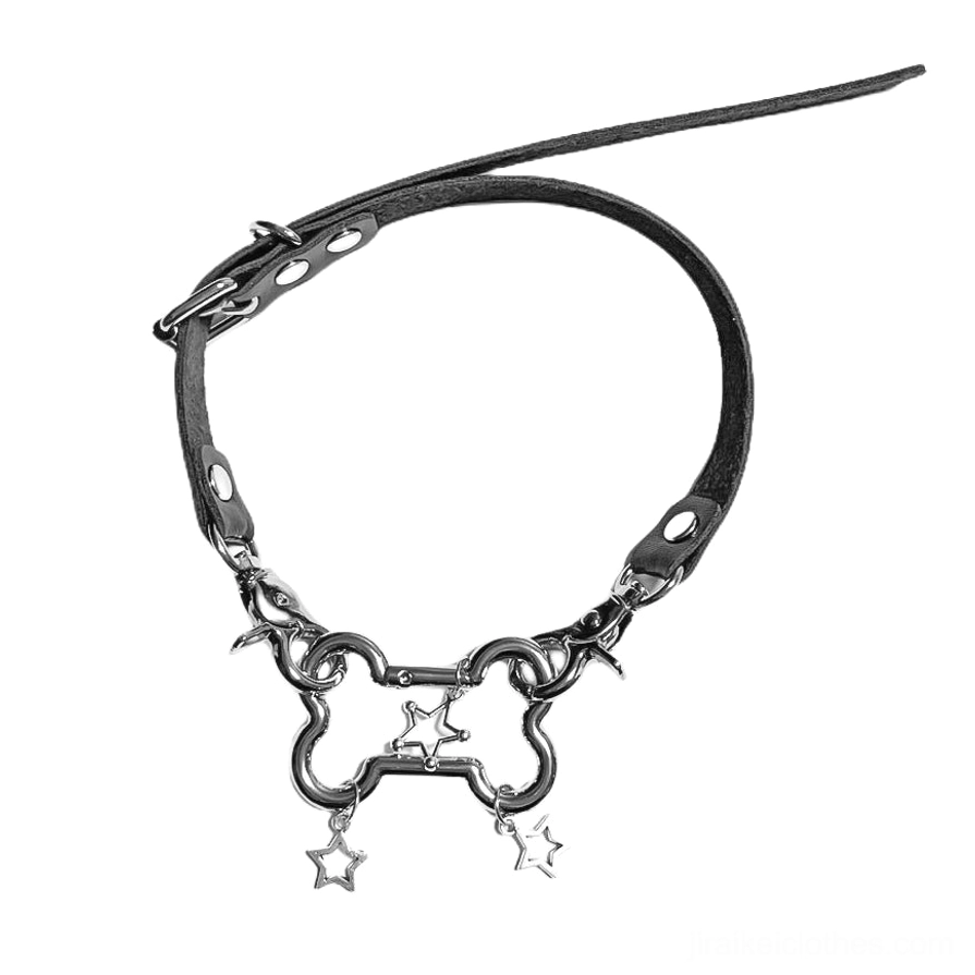 Black Jirai Kei choker necklace with silver alloy bone hardware and star dangles adjustable rivet holes flat lay