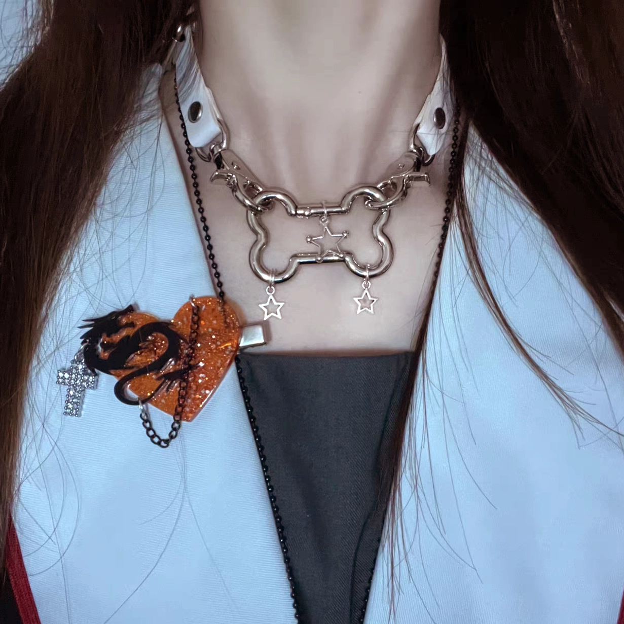 Black Jirai Kei choker with precision-engineered silver star and bone metal hardware PU leather necklace