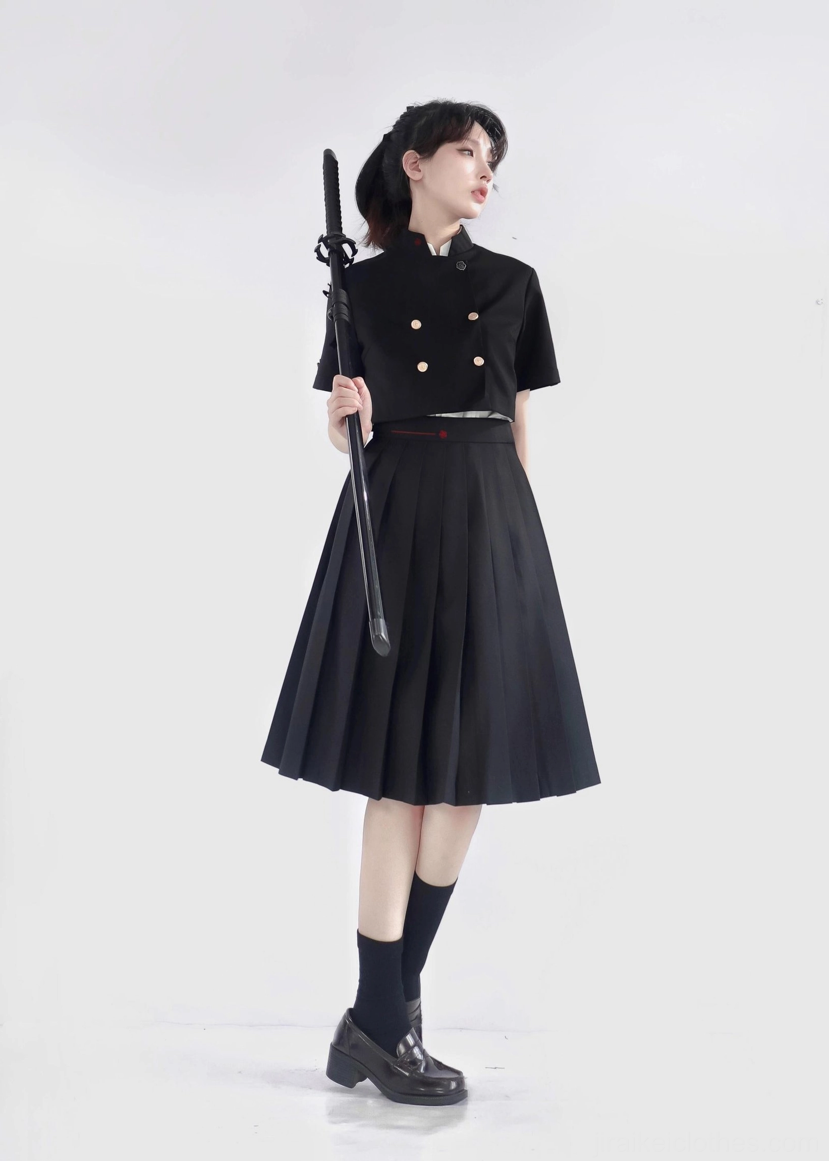 Jirai Kei black cropped embroidered coat midi pleated skirt single-model front studio full-body samurai sword