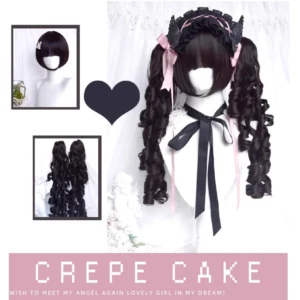 Jirai Kei black curly wig collection showcase multi-angle views with angel decoration and heart accessories