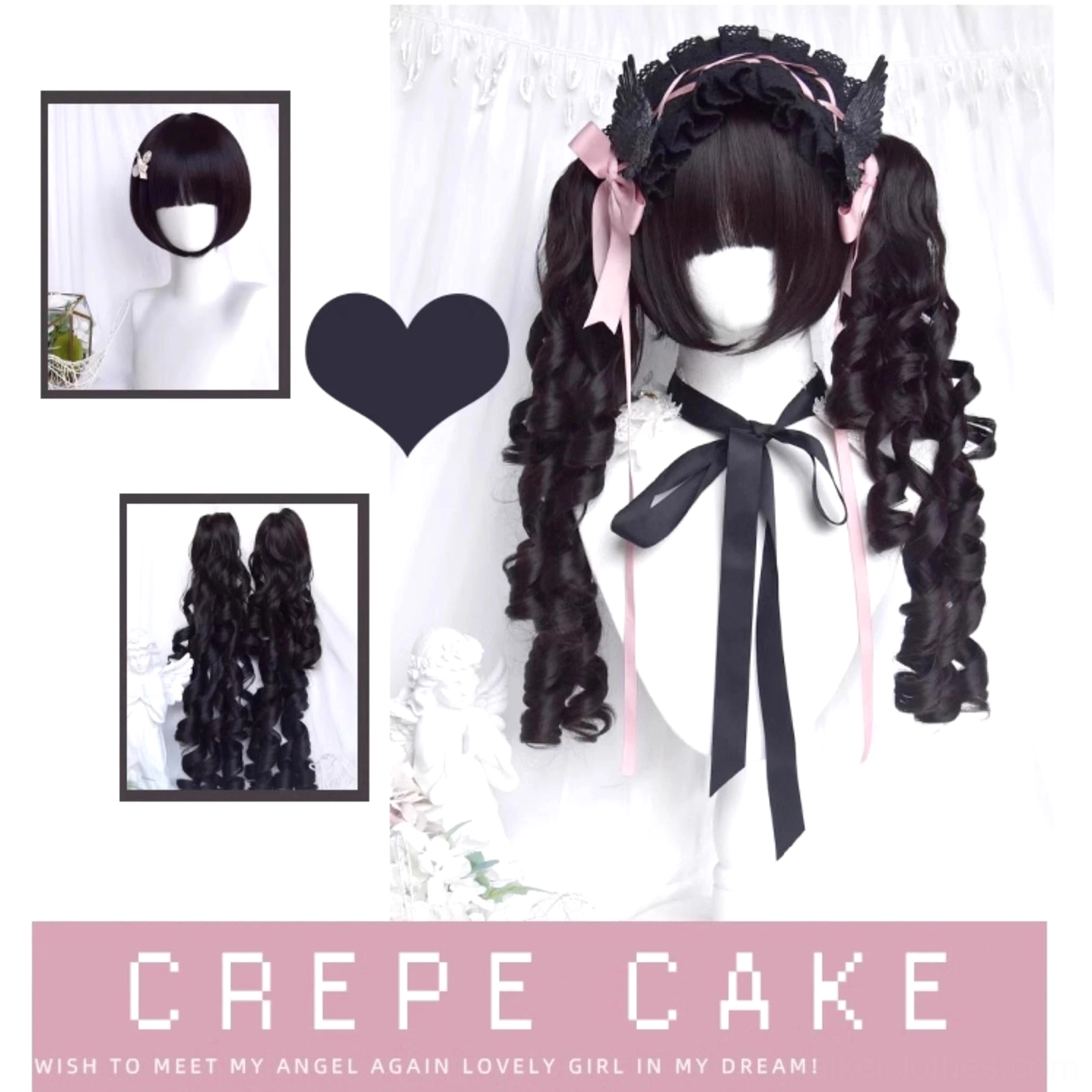 Jirai Kei black curly wig collection showcase multi-angle views with angel decoration and heart accessories