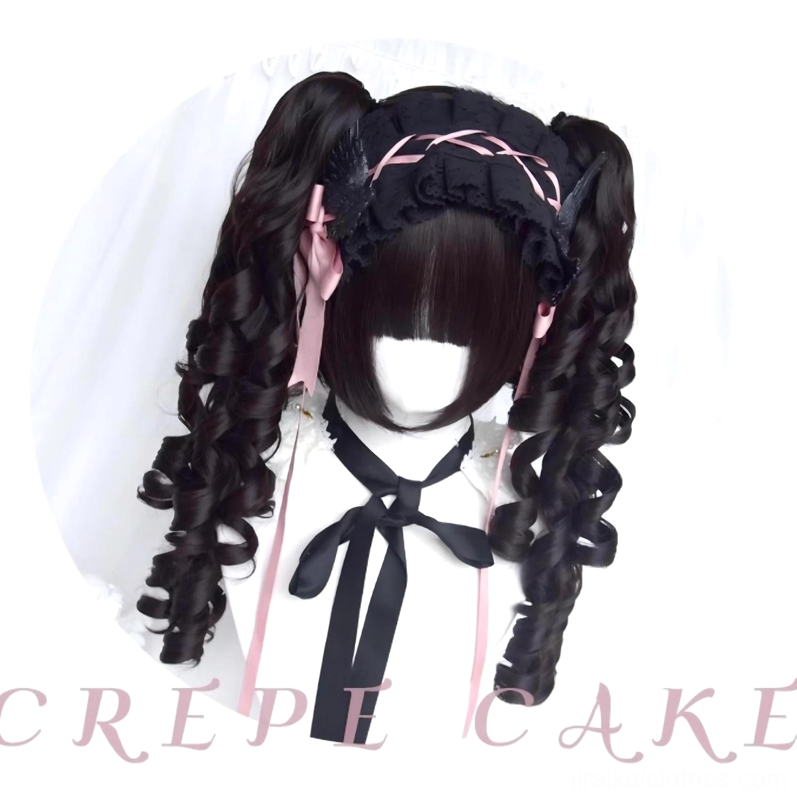Black double ponytail Roman curly Jirai Kei wig close-up with pink cross strap hairband and pink ribbons front view