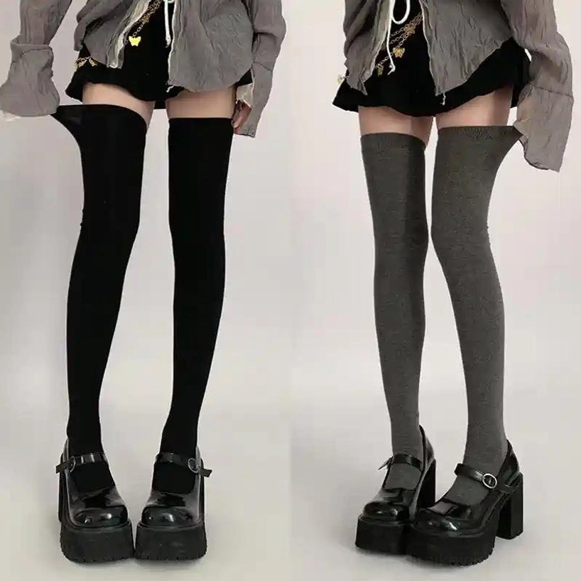 Black and dark grey extra-long thigh-high socks mixed set Jirai Kei extended sizing options